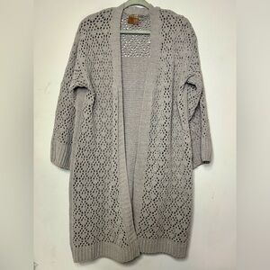 POL Taupe Gray Crochet Chenille Long Open Front Cardigan Size L
